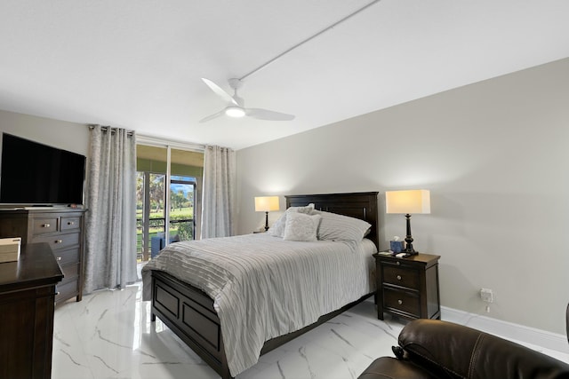 bedroom featuring access to outside and ceiling fan