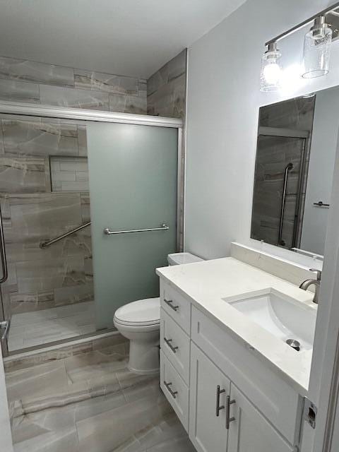 bathroom with toilet, a shower stall, and vanity