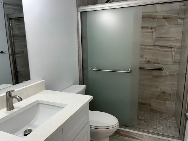 bathroom featuring toilet, a stall shower, and vanity