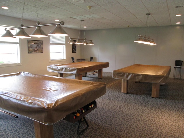 rec room featuring carpet floors, recessed lighting, pool table, a decorative wall, and visible vents