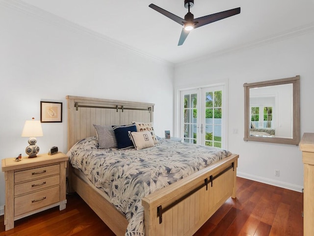 bedroom with ornamental molding, dark wood-type flooring, access to outside, and french doors