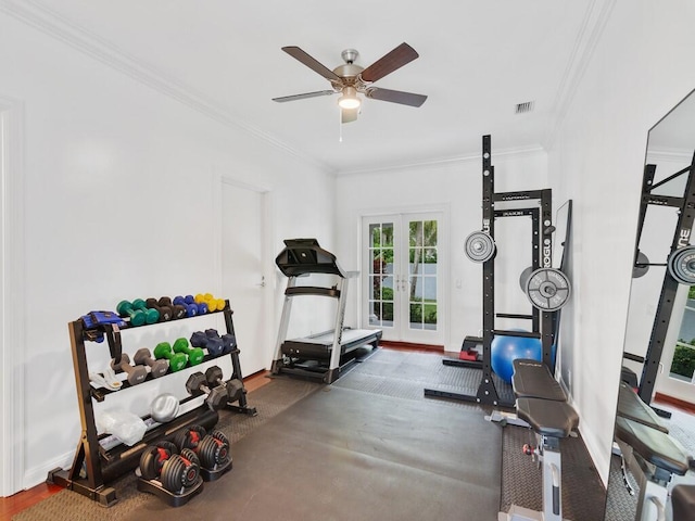 exercise area featuring french doors, ceiling fan, and ornamental molding