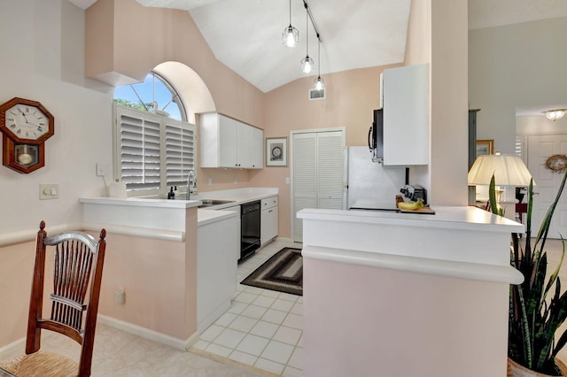 kitchen with pendant lighting, sink, white cabinetry, black appliances, and kitchen peninsula