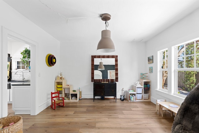 sitting room with sink and light hardwood / wood-style floors