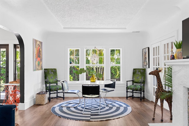 living area with hardwood / wood-style flooring, a high end fireplace, and a textured ceiling