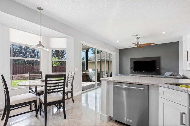 kitchen featuring pendant lighting, white cabinets, a healthy amount of sunlight, and dishwasher