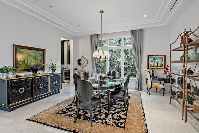 dining area featuring wine cooler, a raised ceiling, a chandelier, and recessed lighting