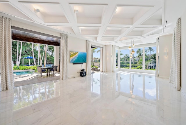 177 Commodore Dr, Jupiter, FL 33477 - unfurnished room with coffered ceiling, marble tiled floors, baseboards, and beam ceiling