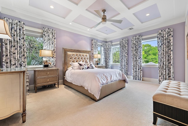 bedroom with visible vents, light colored carpet, coffered ceiling, and baseboards