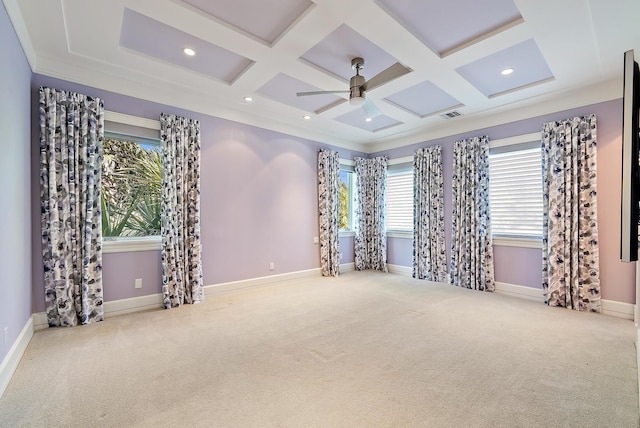 177 Commodore Dr, Jupiter, FL 33477 - carpeted empty room featuring coffered ceiling, baseboards, a ceiling fan, beamed ceiling, and recessed lighting