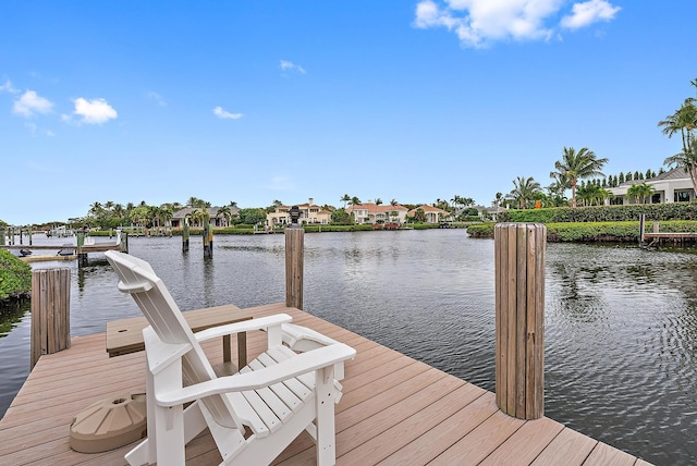 view of dock featuring a residential view and a water view