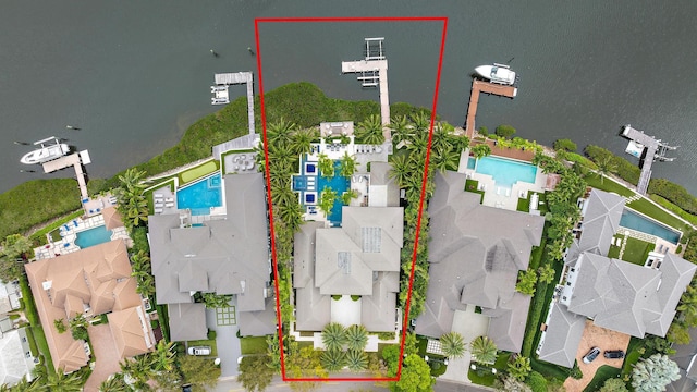177 Commodore Dr, Jupiter, FL 33477 - aerial view of residential area featuring a pool and property parcel outlined