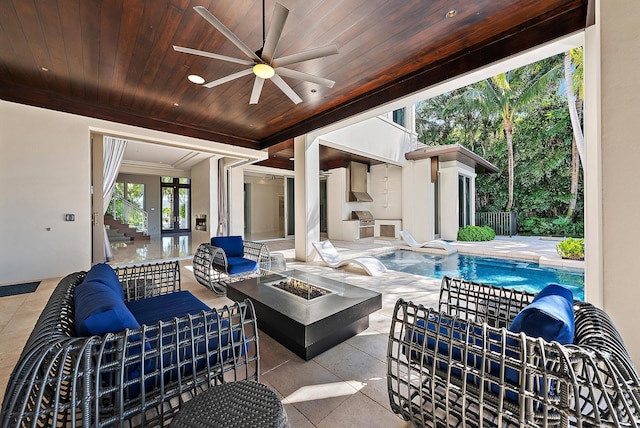 177 Commodore Dr, Jupiter, FL 33477 - view of patio with an outdoor living space with a fire pit, french doors, ceiling fan, an outdoor pool, and grilling area