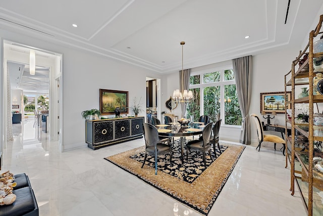 dining room with recessed lighting, marble finish floor, baseboards, and an inviting chandelier