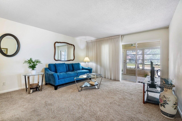 living room featuring carpet and a textured ceiling