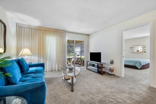 carpeted living room with a textured ceiling