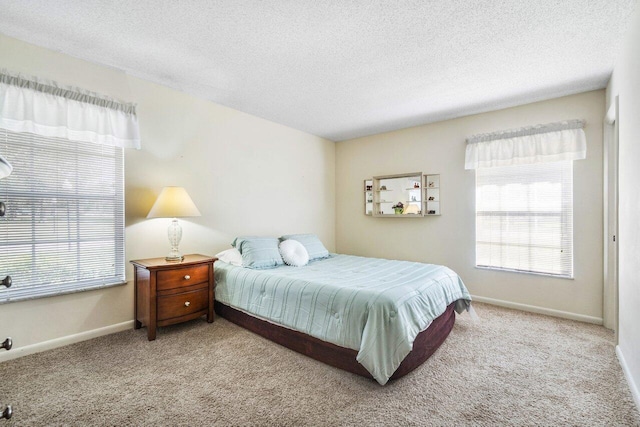 bedroom featuring light colored carpet, multiple windows, and a textured ceiling