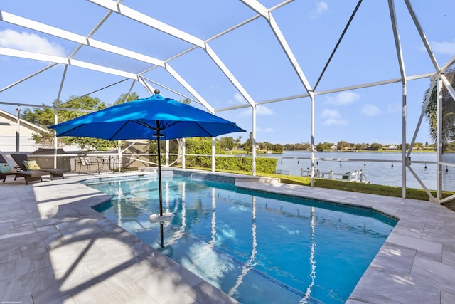 view of swimming pool featuring a water view, glass enclosure, and a patio area