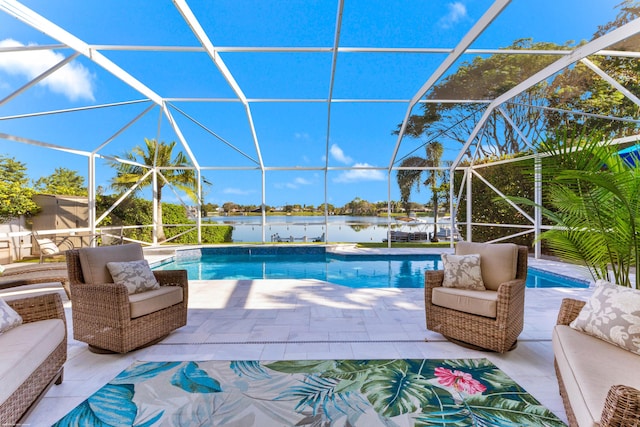view of pool with a water view, an outdoor living space, a lanai, and a patio