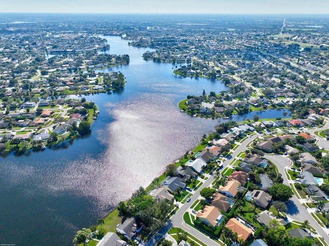 drone / aerial view featuring a water view