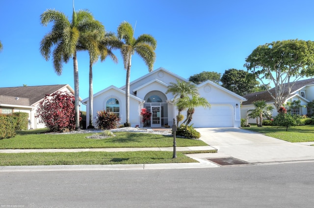 single story home with a garage and a front lawn