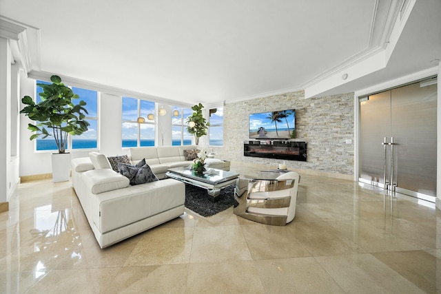 living room with crown molding