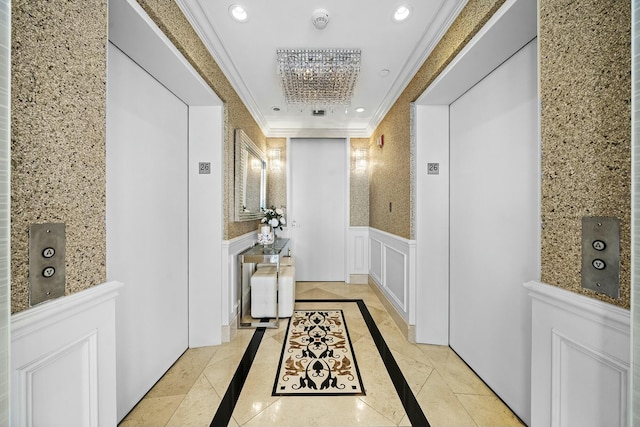 hall with crown molding and elevator