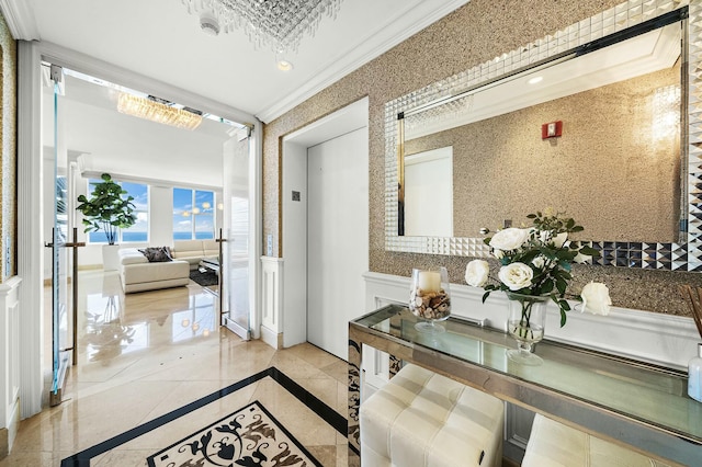 bathroom featuring ornamental molding and elevator