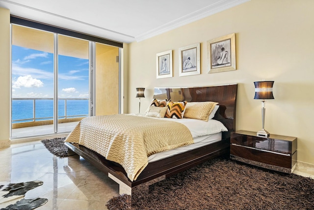 bedroom with access to exterior, ornamental molding, expansive windows, and a water view