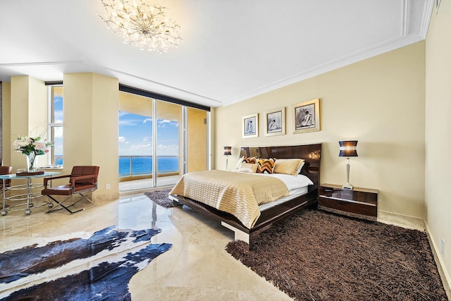 bedroom with access to exterior, crown molding, expansive windows, and a water view