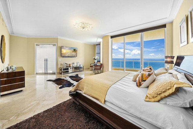 bedroom featuring crown molding, access to outside, and a wall of windows