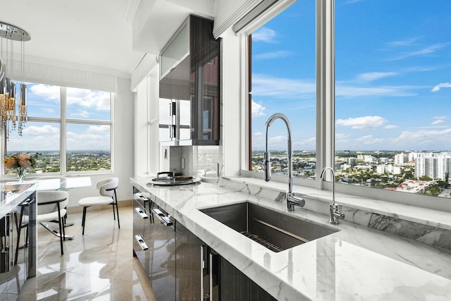 kitchen with stainless steel dishwasher, ornamental molding, light stone countertops, and sink