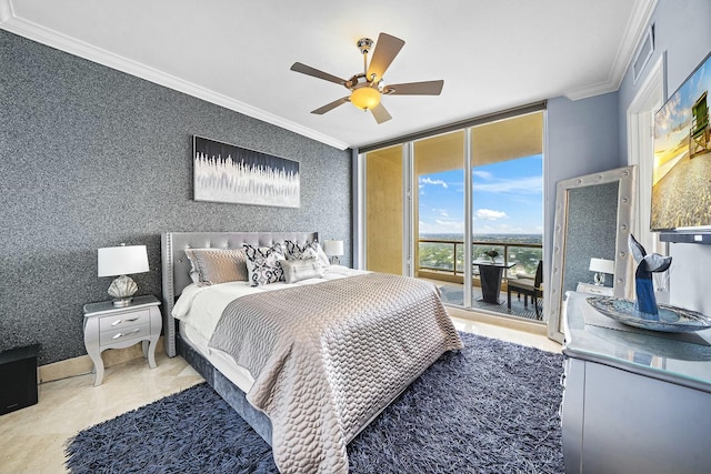 bedroom featuring ornamental molding, ceiling fan, access to exterior, and a wall of windows