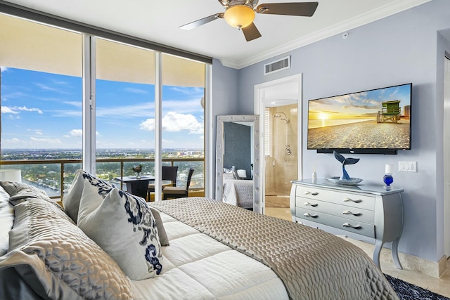 bedroom featuring crown molding, ensuite bath, expansive windows, and ceiling fan