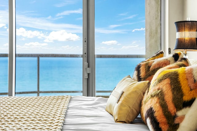 bedroom with multiple windows and a water view