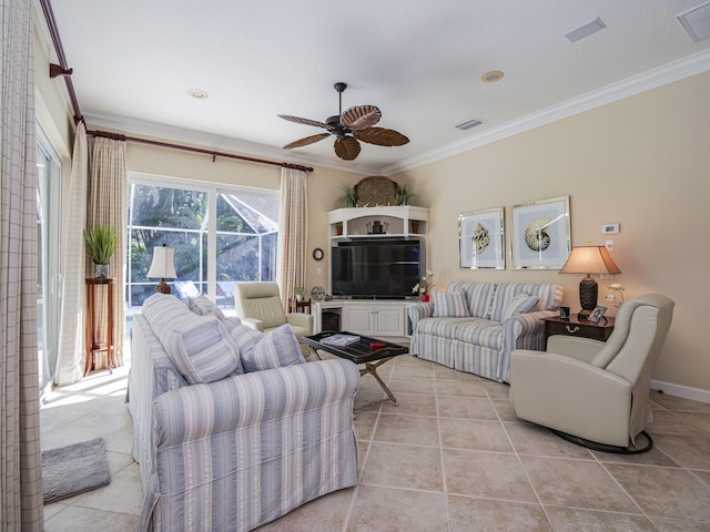 tiled living room featuring crown molding and ceiling fan