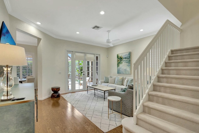 106 Via Santa Cruz, Jupiter, FL 33458 - living room featuring ornamental molding, wood finished floors, french doors, recessed lighting, and ceiling fan