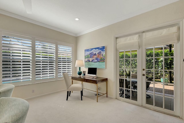 office featuring crown molding, french doors, and carpet flooring