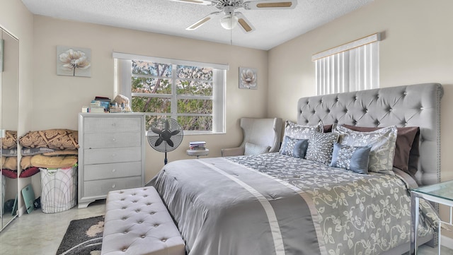 bedroom featuring ceiling fan and a textured ceiling