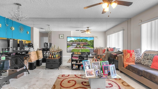 living room with a textured ceiling