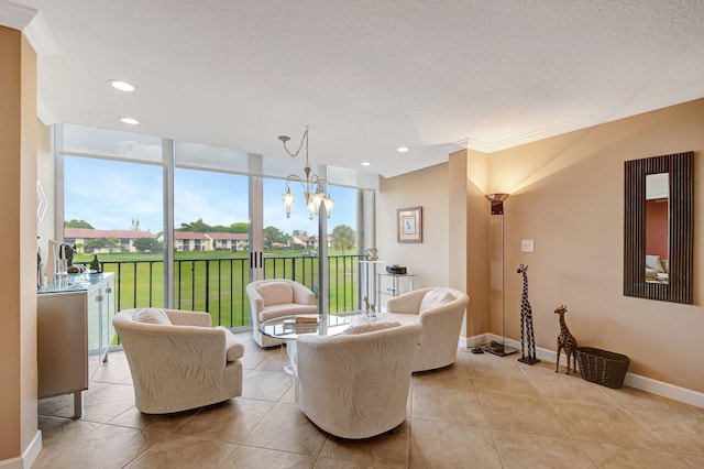 living area featuring light tile patterned floors, a notable chandelier, and a textured ceiling