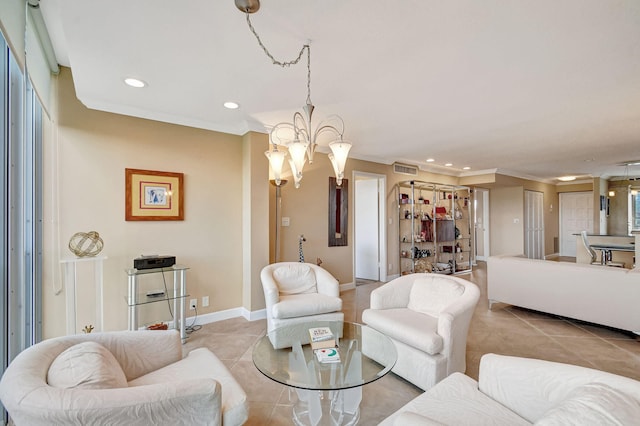 tiled living room featuring an inviting chandelier and ornamental molding