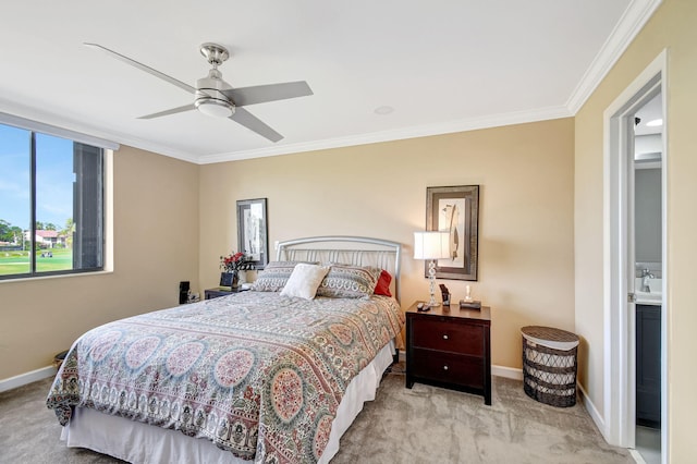 bedroom with crown molding, ceiling fan, and light carpet