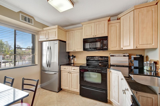 kitchen with sink, light tile patterned floors, black appliances, crown molding, and a textured ceiling