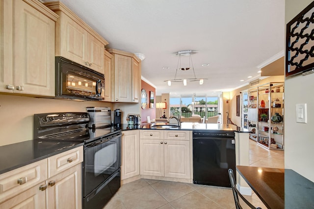 kitchen featuring hanging light fixtures, light tile patterned floors, ornamental molding, kitchen peninsula, and black appliances