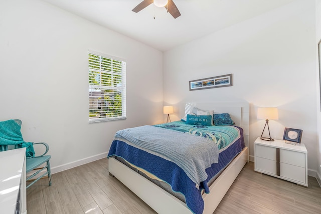 bedroom featuring ceiling fan and light hardwood / wood-style floors