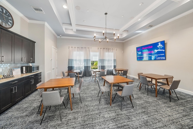 dining space with a high ceiling, ornamental molding, and an inviting chandelier