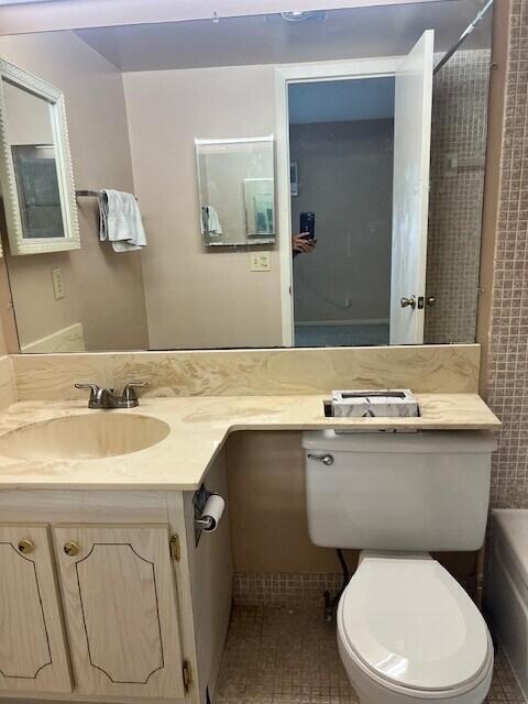 full bathroom with vanity, separate shower and tub, tile patterned floors, and toilet