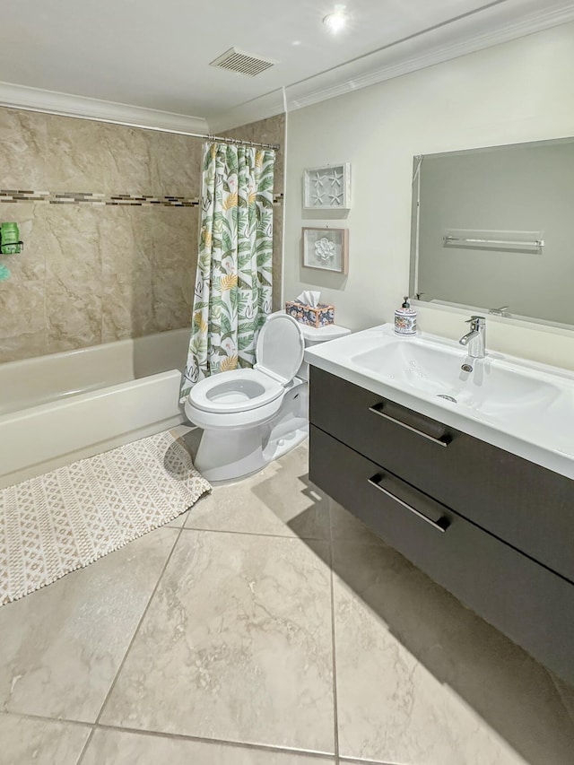 full bathroom with vanity, ornamental molding, shower / bath combination with curtain, and toilet