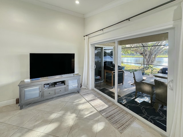 tiled living room featuring ornamental molding